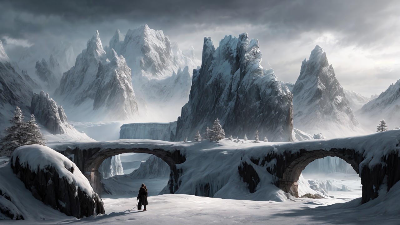 Solitary Figure in Snowy Landscape with Mountains and Bridges