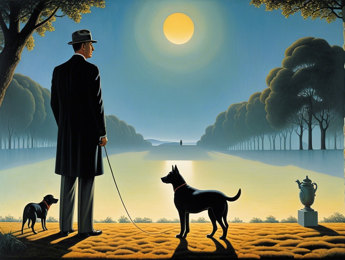 Man in Suit by Tranquil Lake with Two Dogs and Urn