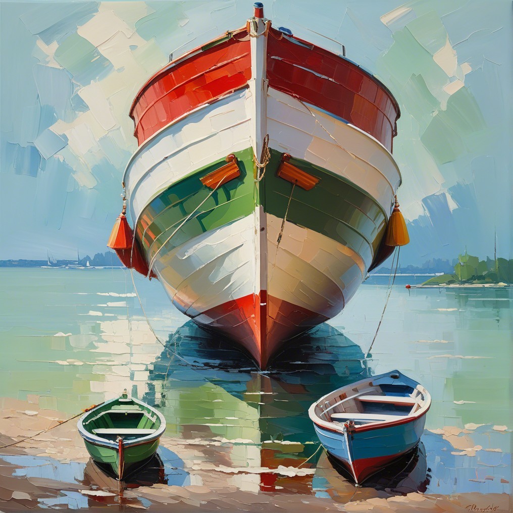 Vibrant Painting of Colorful Boats in Calm Waters