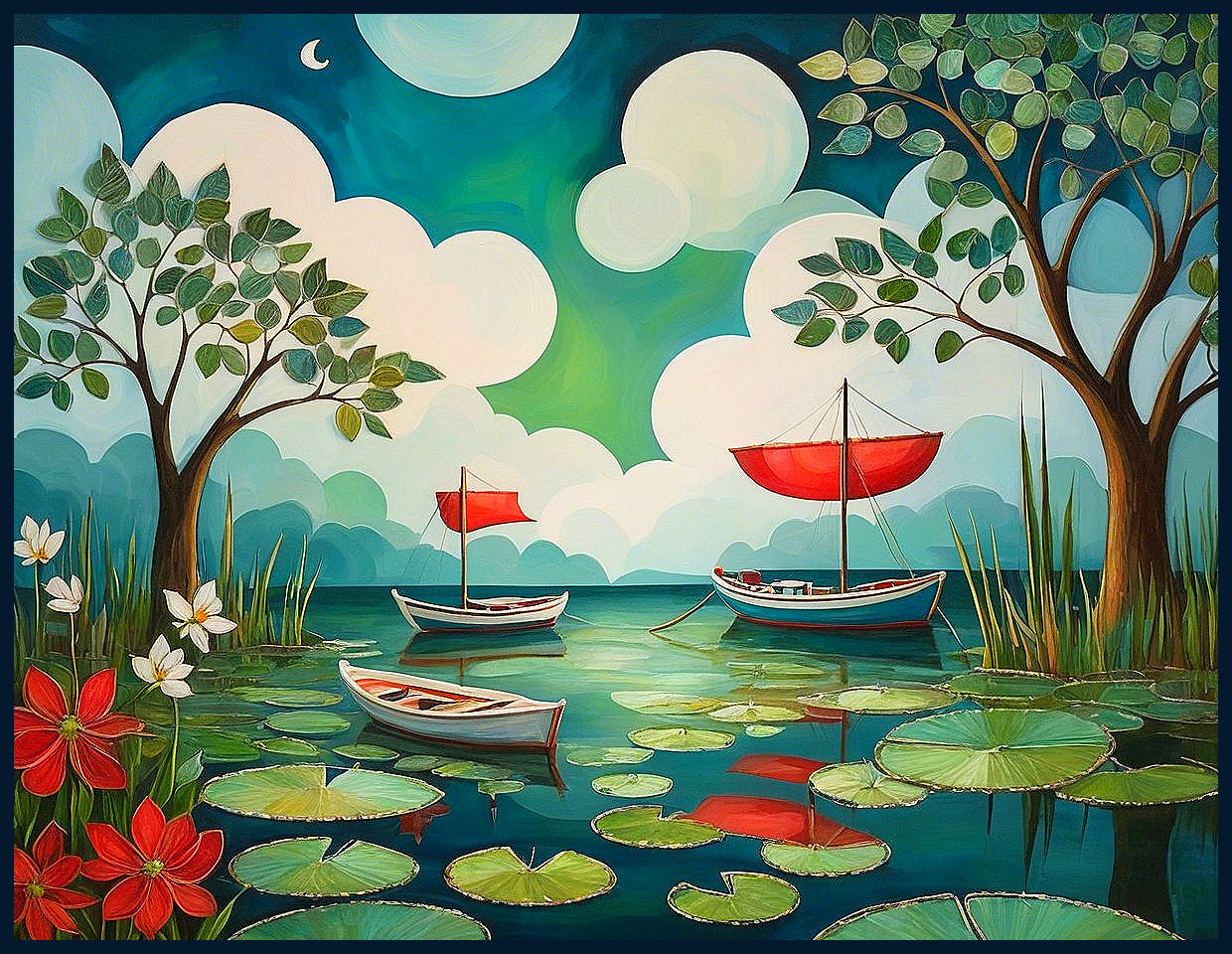 Serene Landscape with Boats and Vibrant Nature Elements