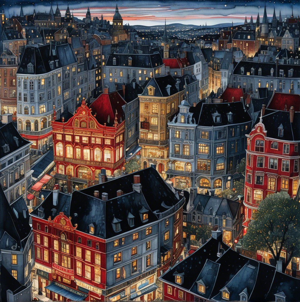 Vibrant Cityscape at Dusk with Colorful Architecture