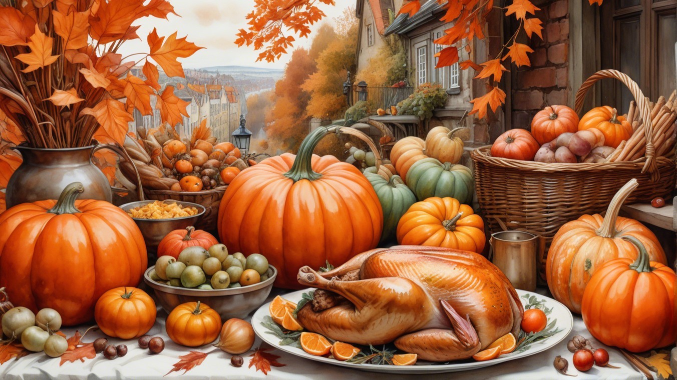Autumn Table Display with Pumpkins and Roasted Turkey