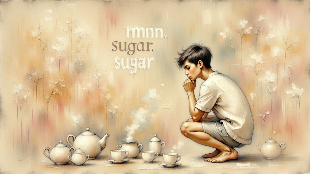 Contemplative Boy with Porcelain Tea Set and Steam