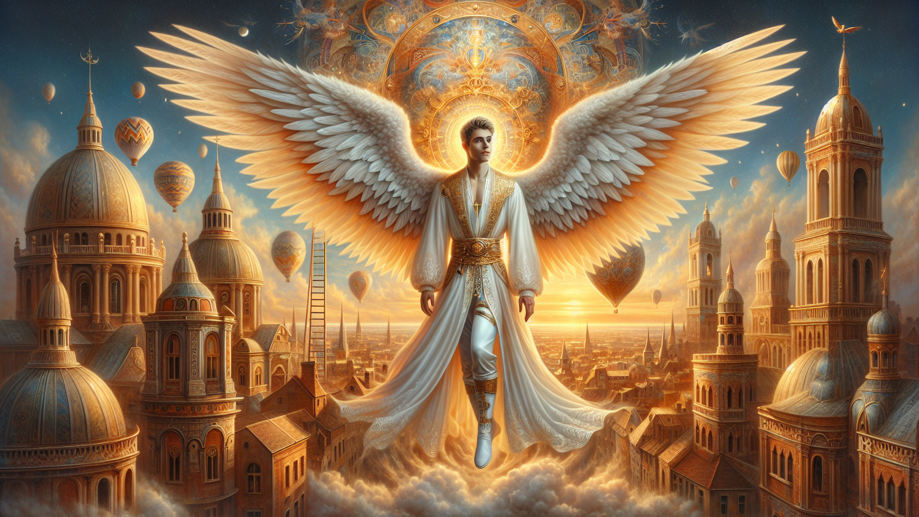 Celestial Figure with Wings in Dreamlike Sunset Scene