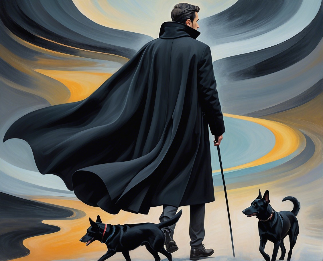 Figure in Black Coat Walking Dogs on Abstract Path