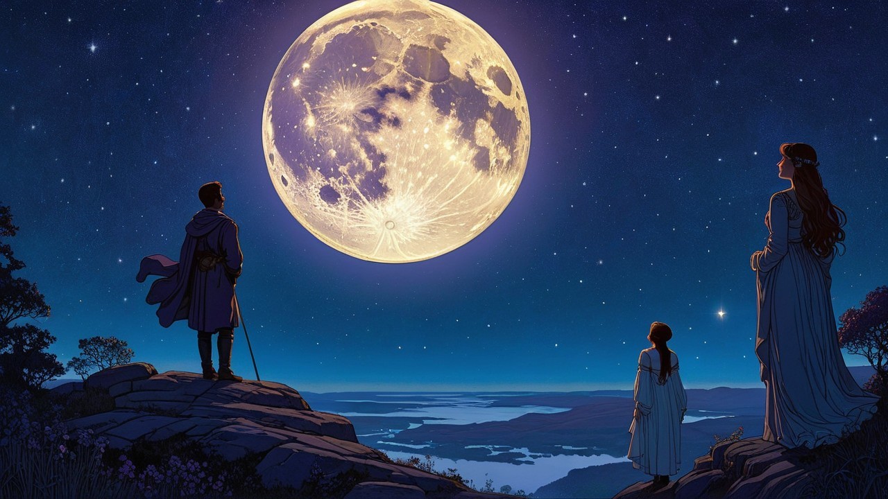 Family on Mountain Top Under Bright Full Moon