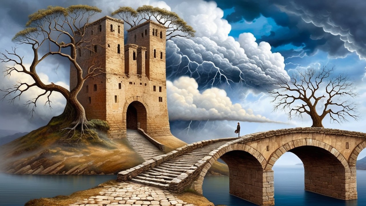 Surreal Landscape with Ancient Towers and Stormy Sky