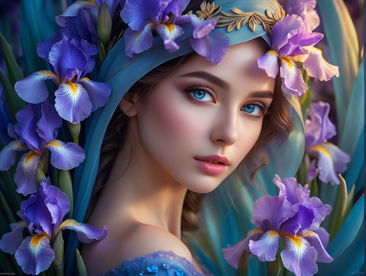 Young woman with blue eyes and purple irises backdrop