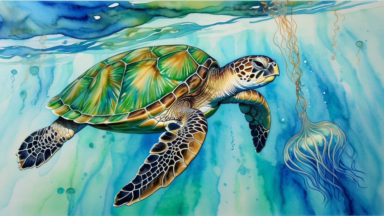 Watercolor Illustration of a Sea Turtle and Jellyfish
