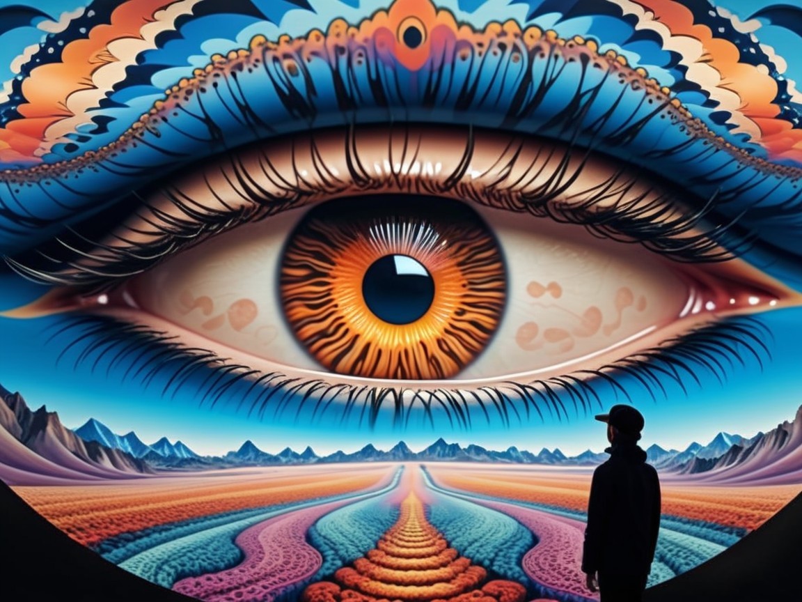 Surreal Landscape with Central Giant Eye and Figure