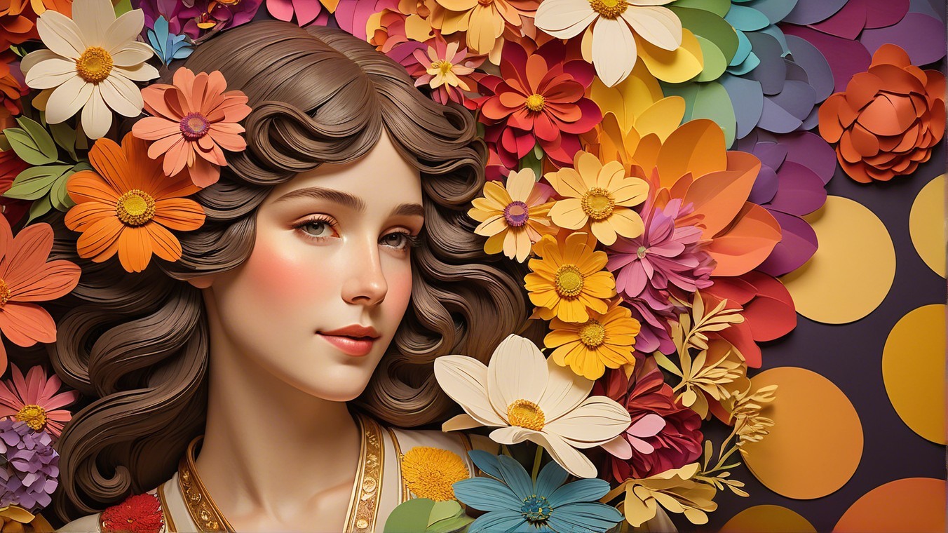 Young Woman Surrounded by Colorful Flowers and Petals