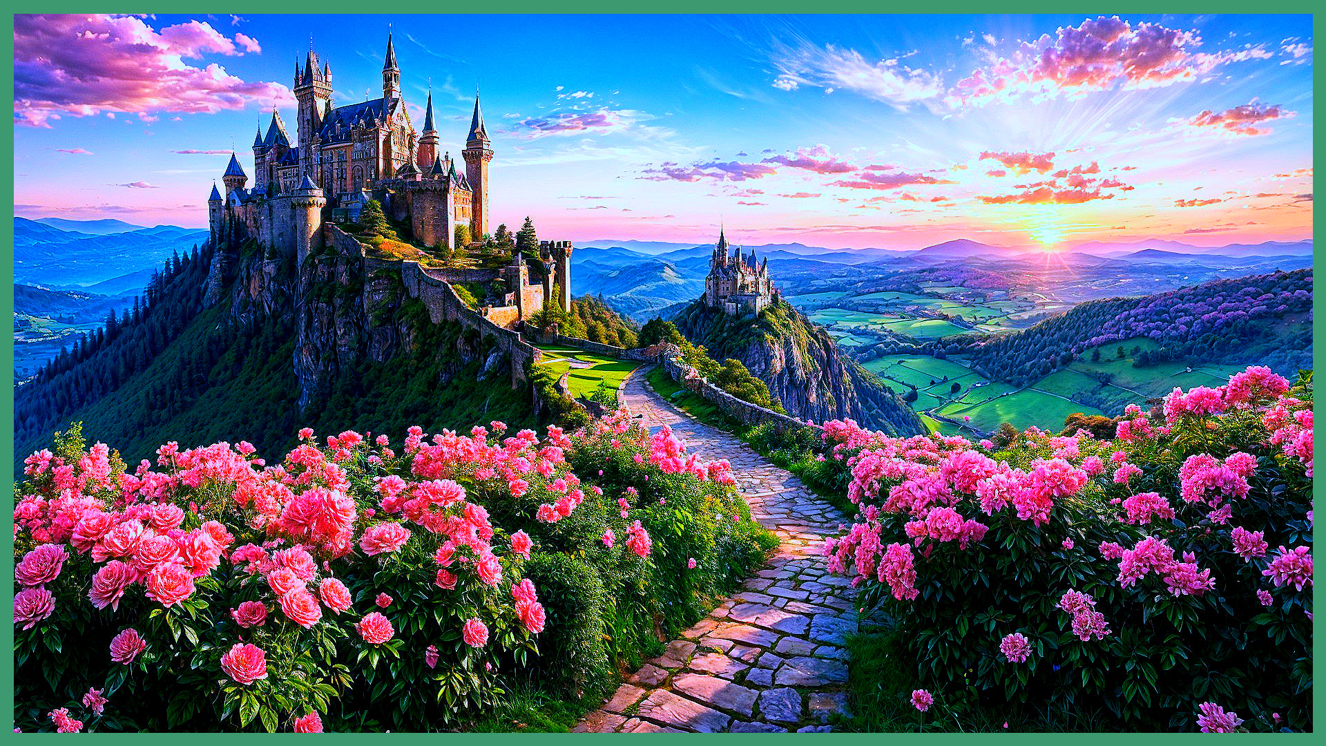 Castle on Rocky Hill with Sunset and Blooming Roses