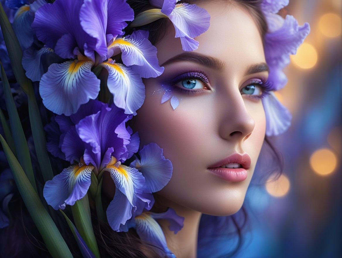 Close-up portrait of a woman with blue eyes and flowers