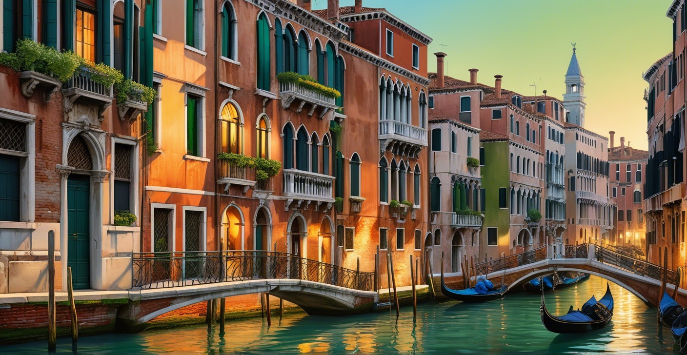 Venice Canal at Sunset with Colorful Buildings and Gondolas