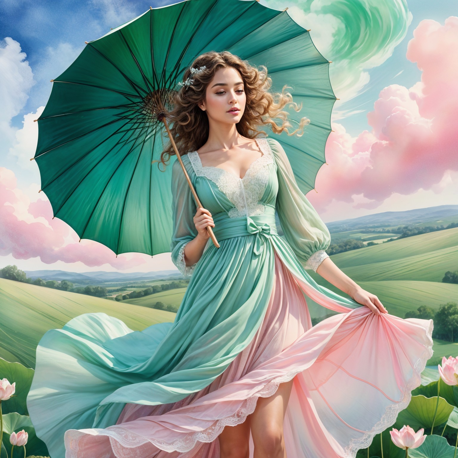 Young woman in pastel dress twirling with umbrella