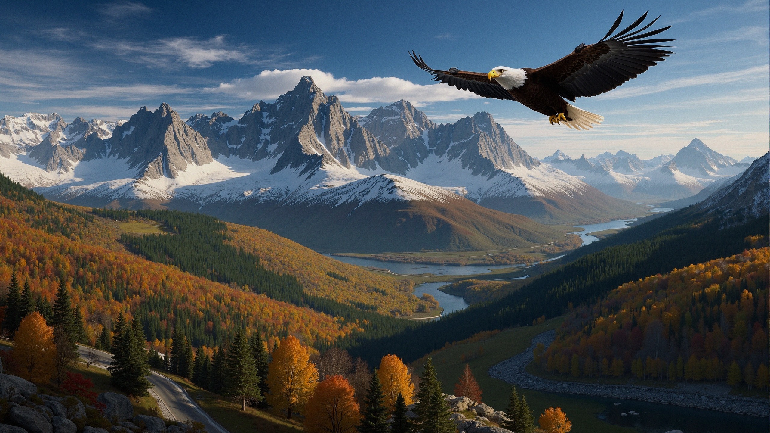 Bald Eagle Over Scenic Autumn Landscape with Mountains