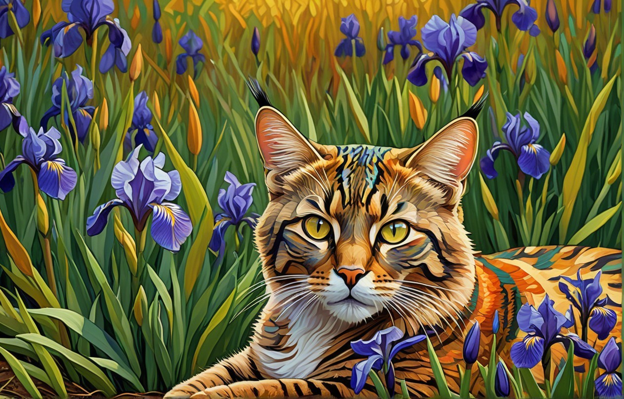 Vibrant Feline Among Purple Irises in Nature