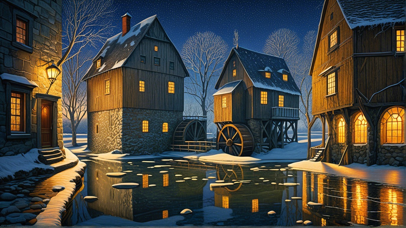 Winter Village Scene with Snow and Starlit Sky