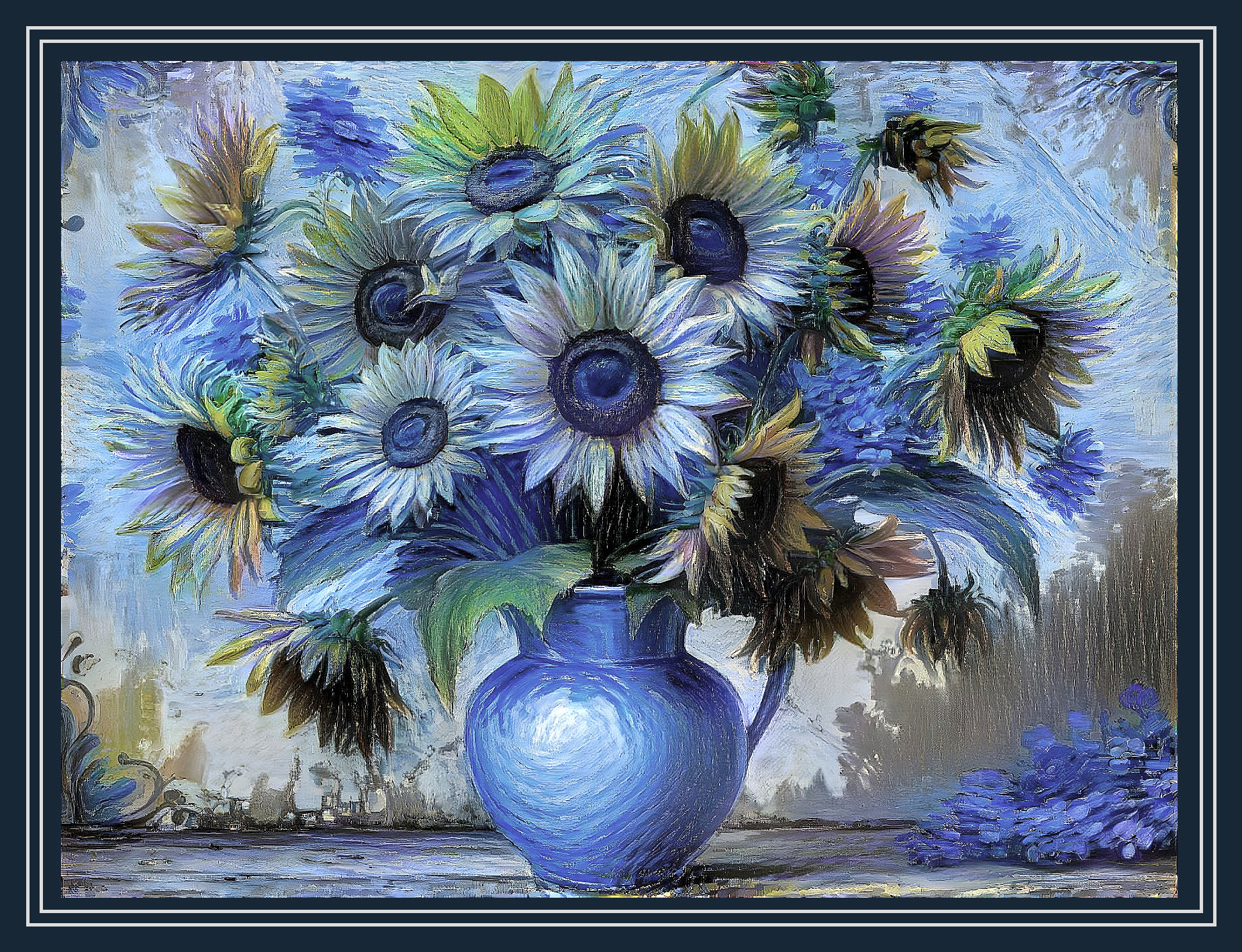 Vibrant Still Life with Blue Vase and Sunflowers