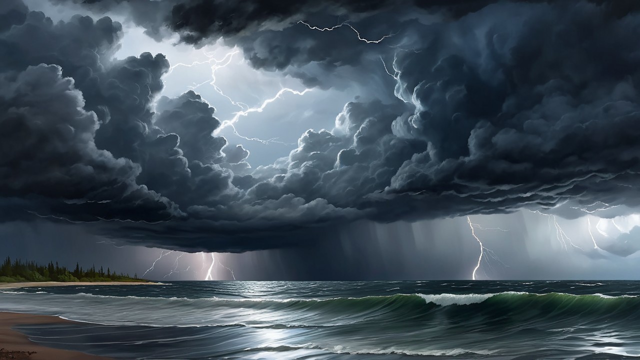 Stormy Sea with Dark Clouds and Lightning Strikes