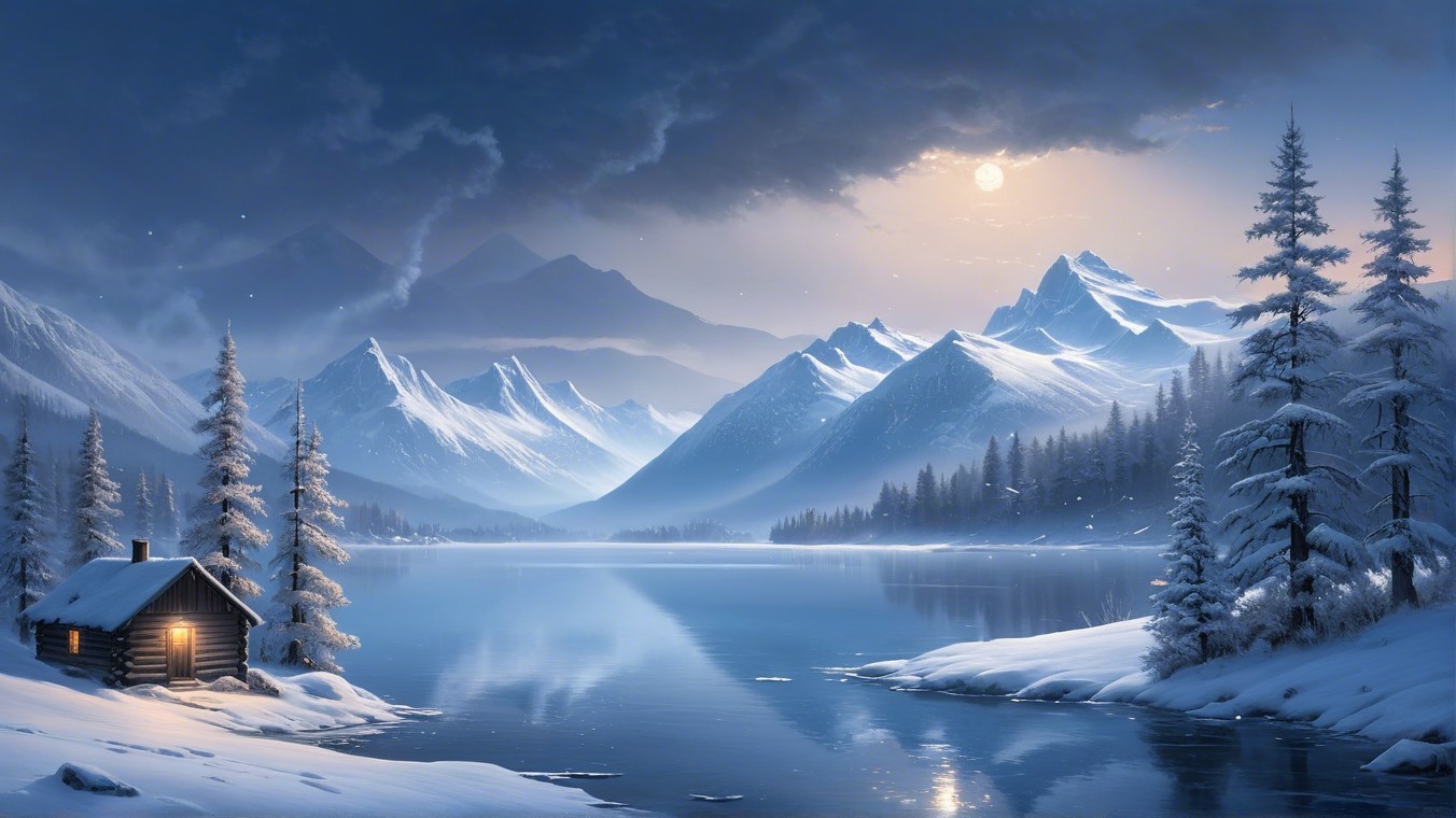 Winter Landscape with Cabin and Snow-Capped Mountains