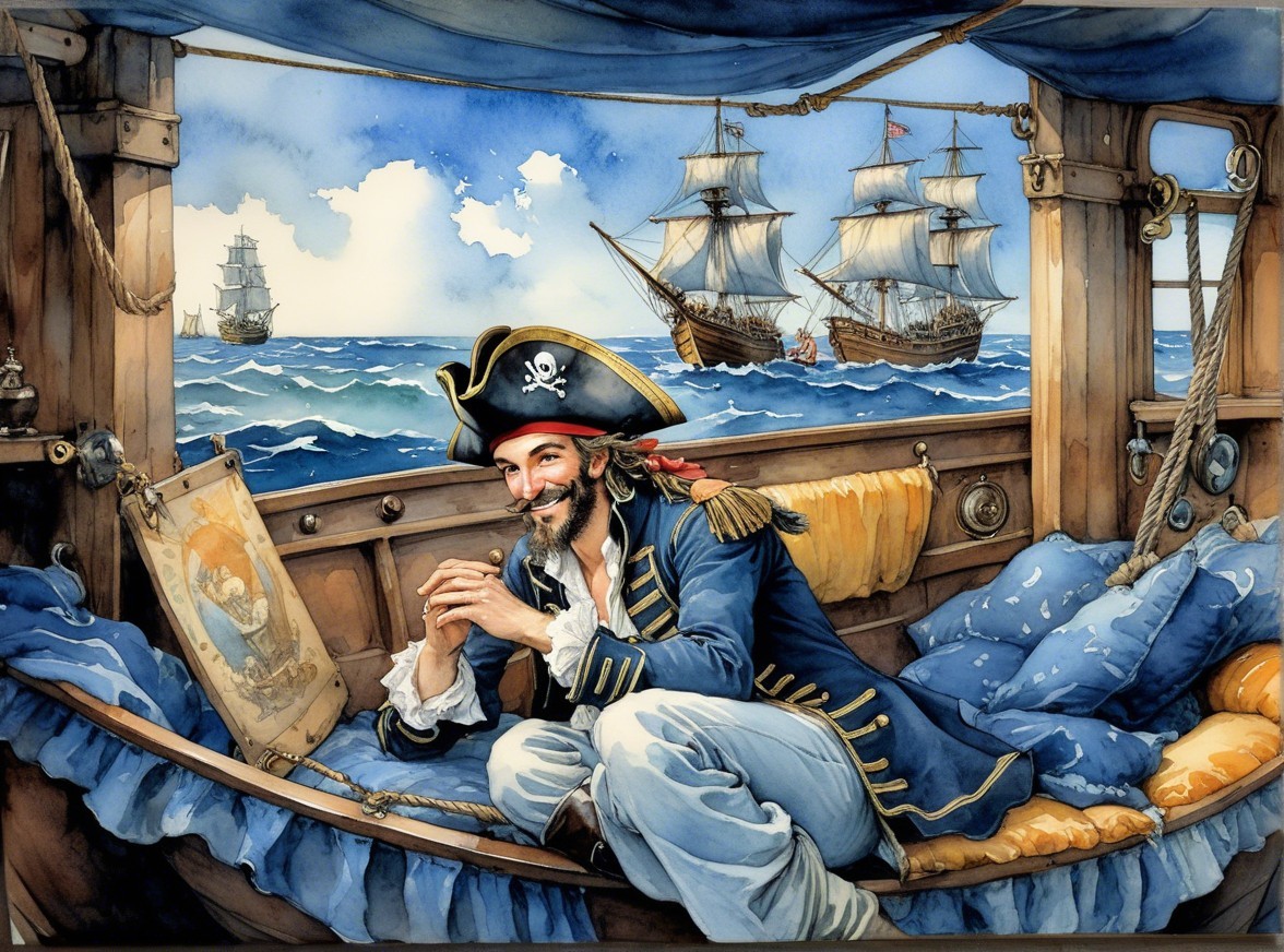 Jovial Pirate on Boat with Treasure Map and Waves