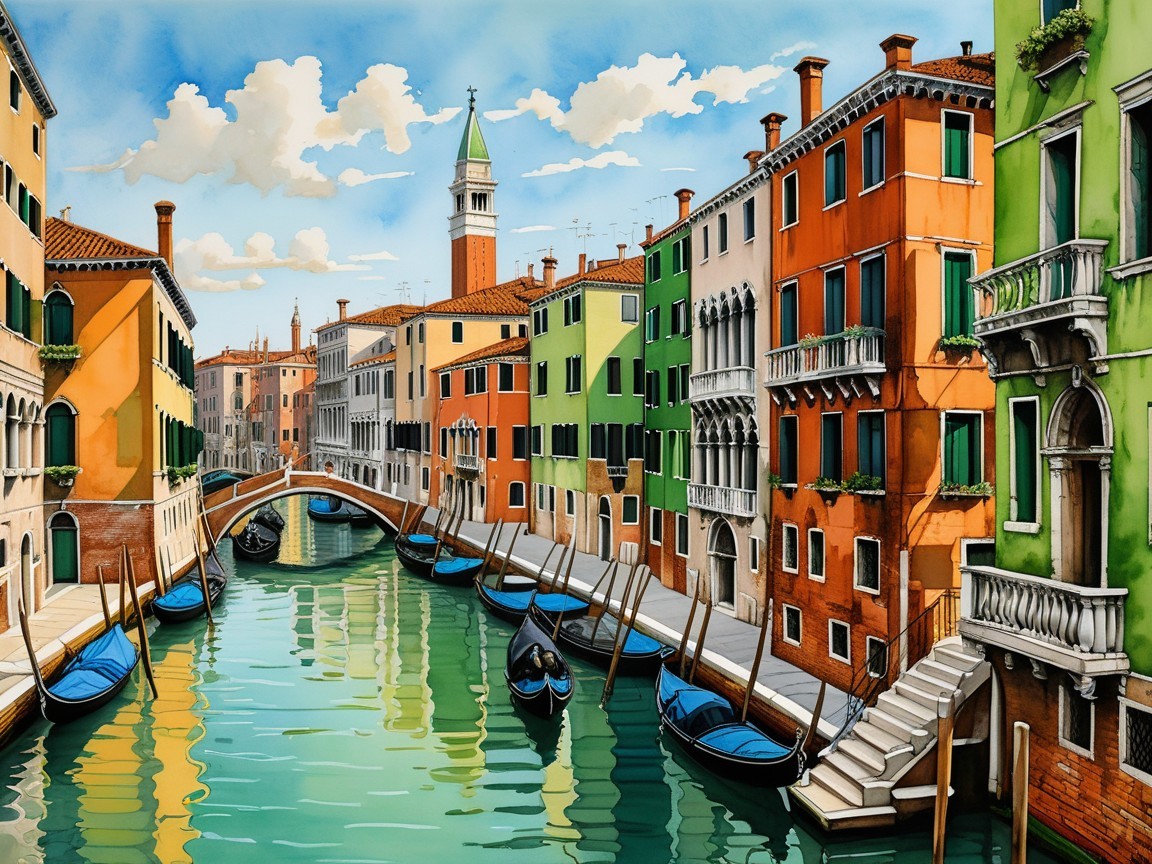 Vibrant Canal Scene in Venice with Colorful Buildings