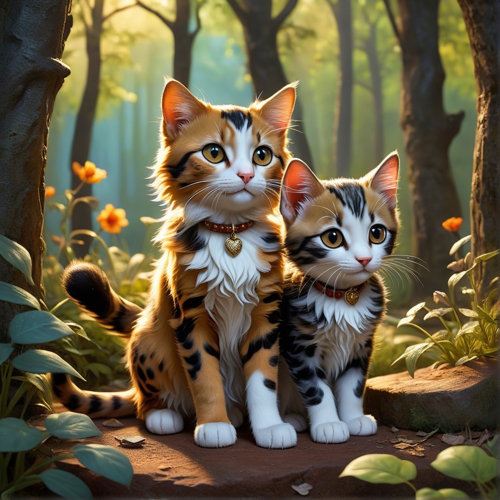 Cats in a Sunlit Forest Glade with Colorful Fur