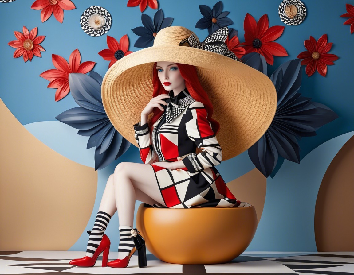 Fashion Scene with Model in Geometric Dress and Hat
