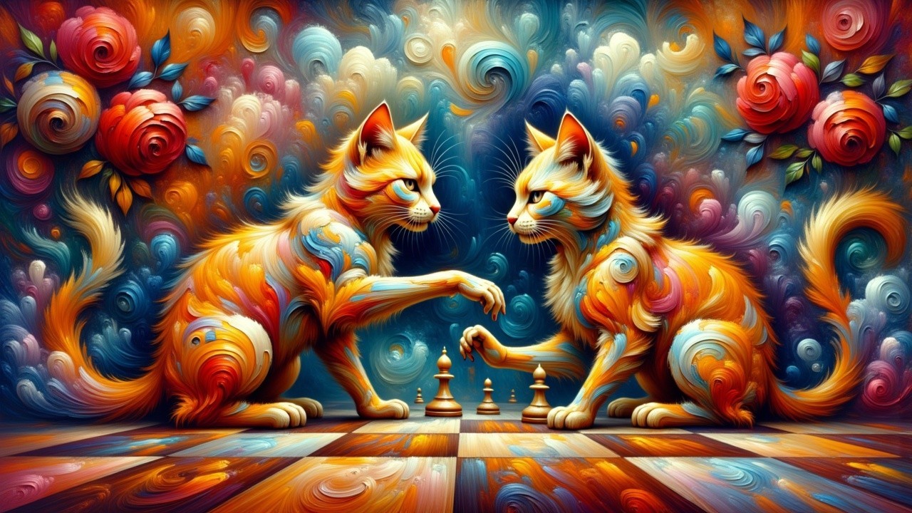 Vibrant Cats Playing Chess with Colorful Background