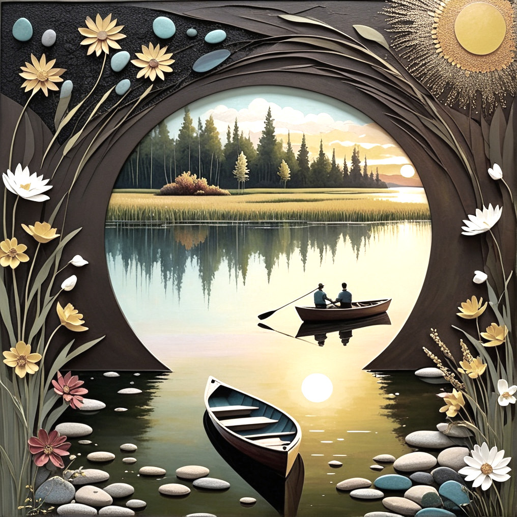 Serene Landscape with Figures in a Boat at Sunset