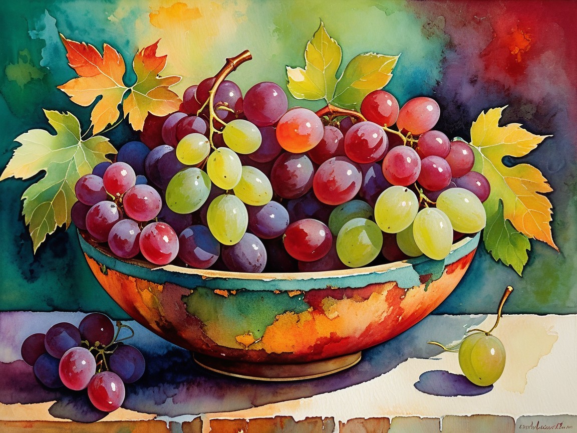 Vibrant Watercolor of Grapes in a Colorful Setting