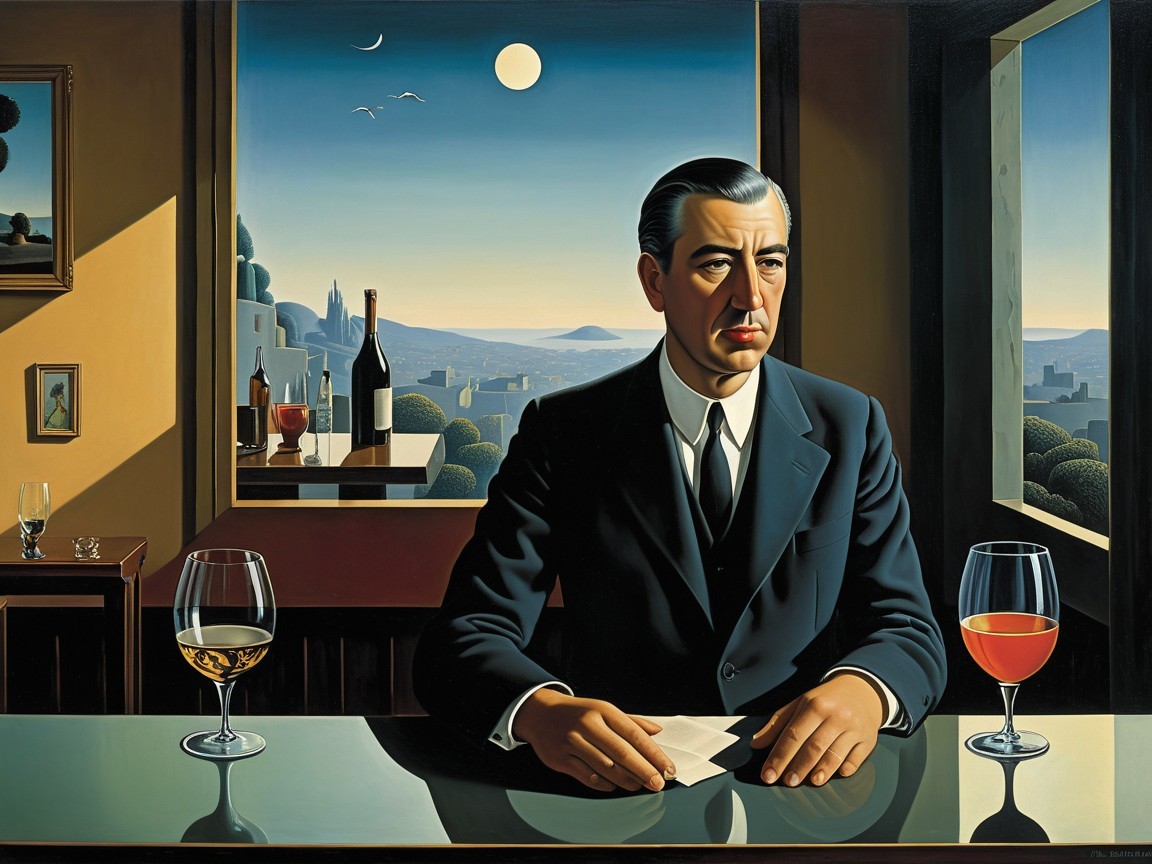 Man in Black Suit at Bar with Scenic Background