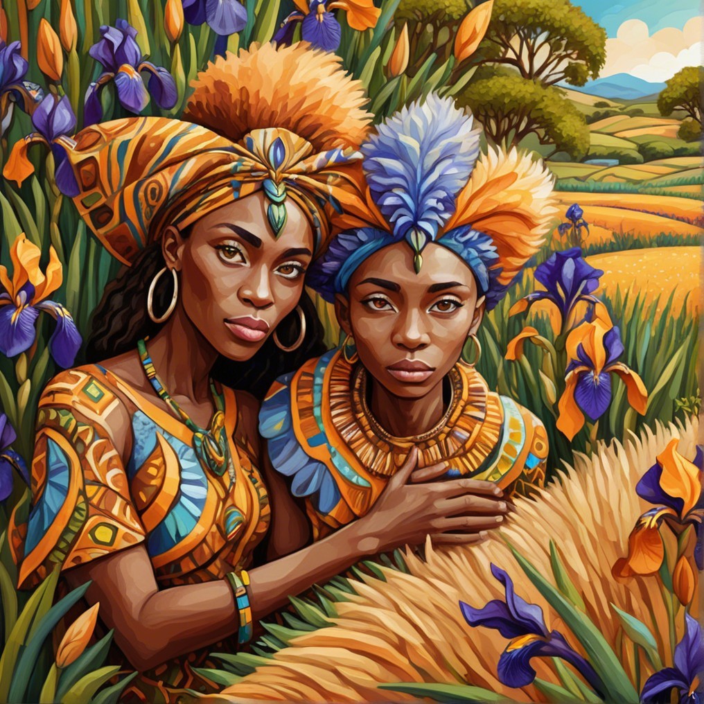 Women in Colorful Attire in Vibrant Landscape Scene