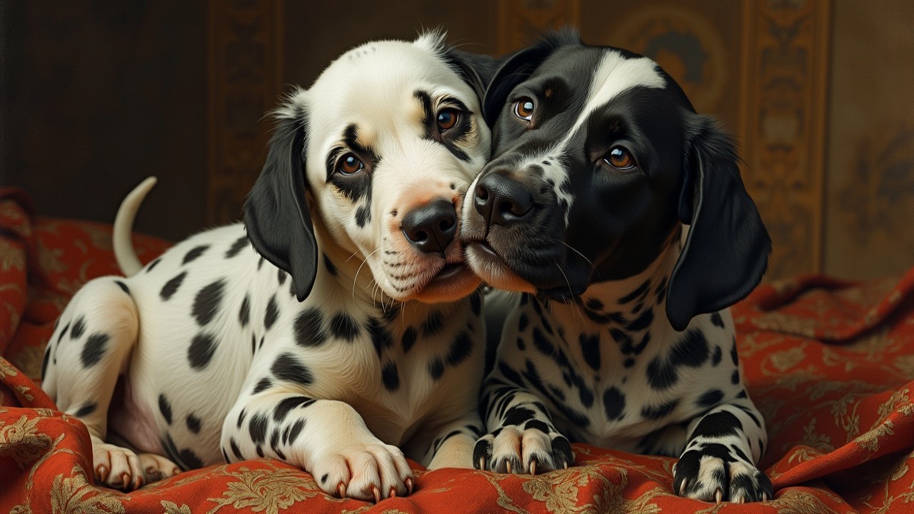 Dalmatian Puppies Cuddling on Red Fabric
