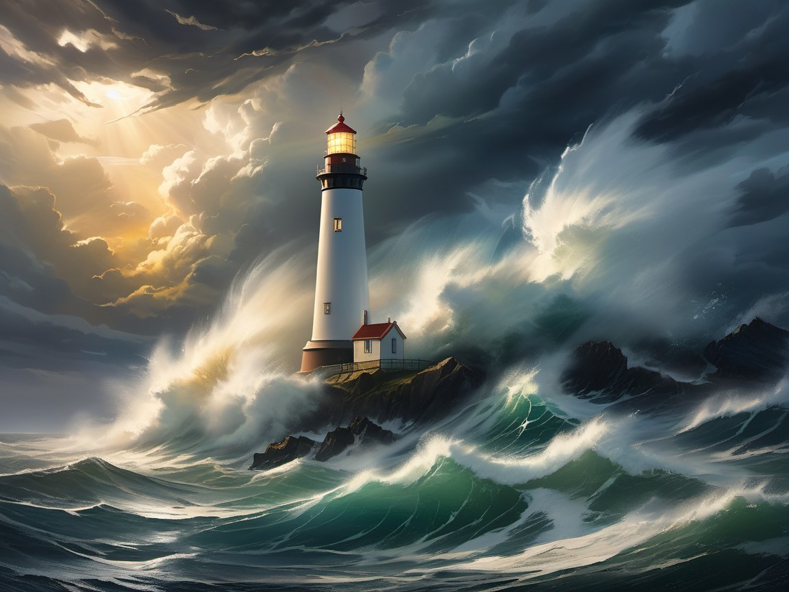 Lighthouse on Rocky Cliffs Amidst Stormy Seas