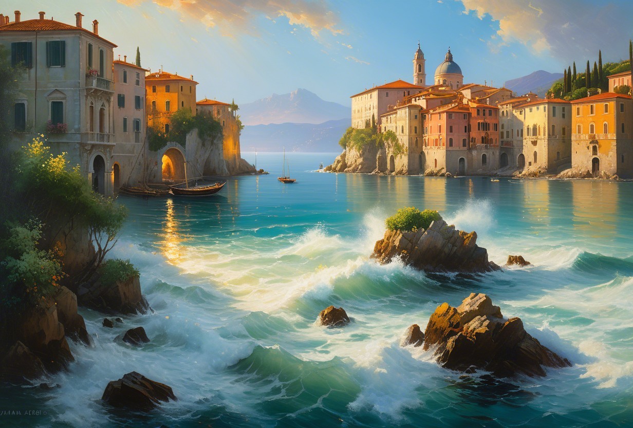 Coastal Scene with Colorful Villas and Tranquil Bay