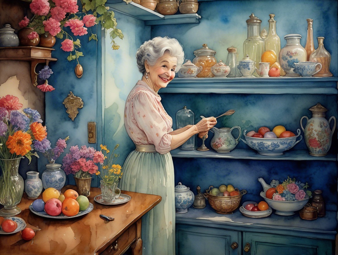 Cheerful Elderly Woman Arranging Fruits and Flowers