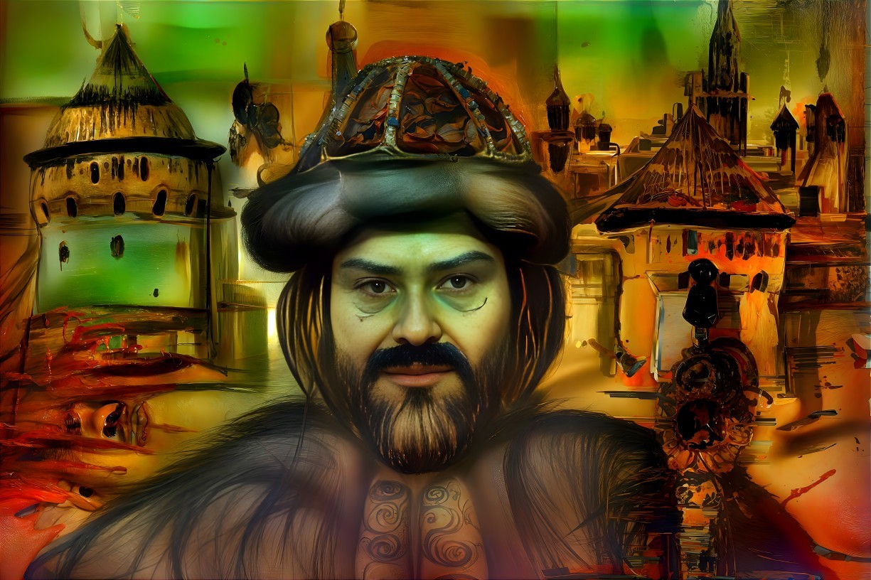 Regal Figure with Ornate Headwear and Abstract Architecture