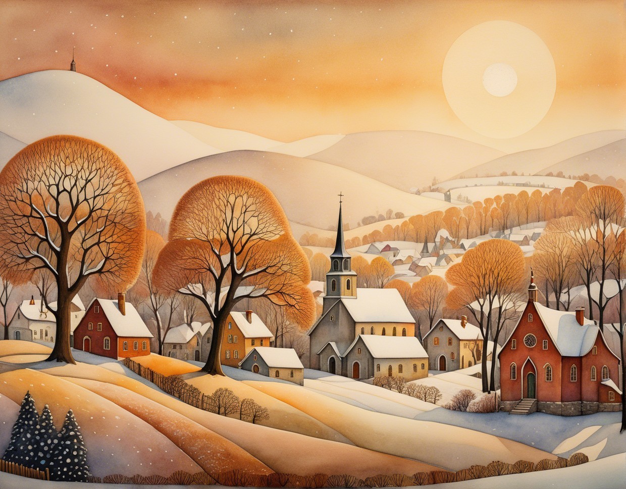 Watercolor Illustration of a Winter Village Scene