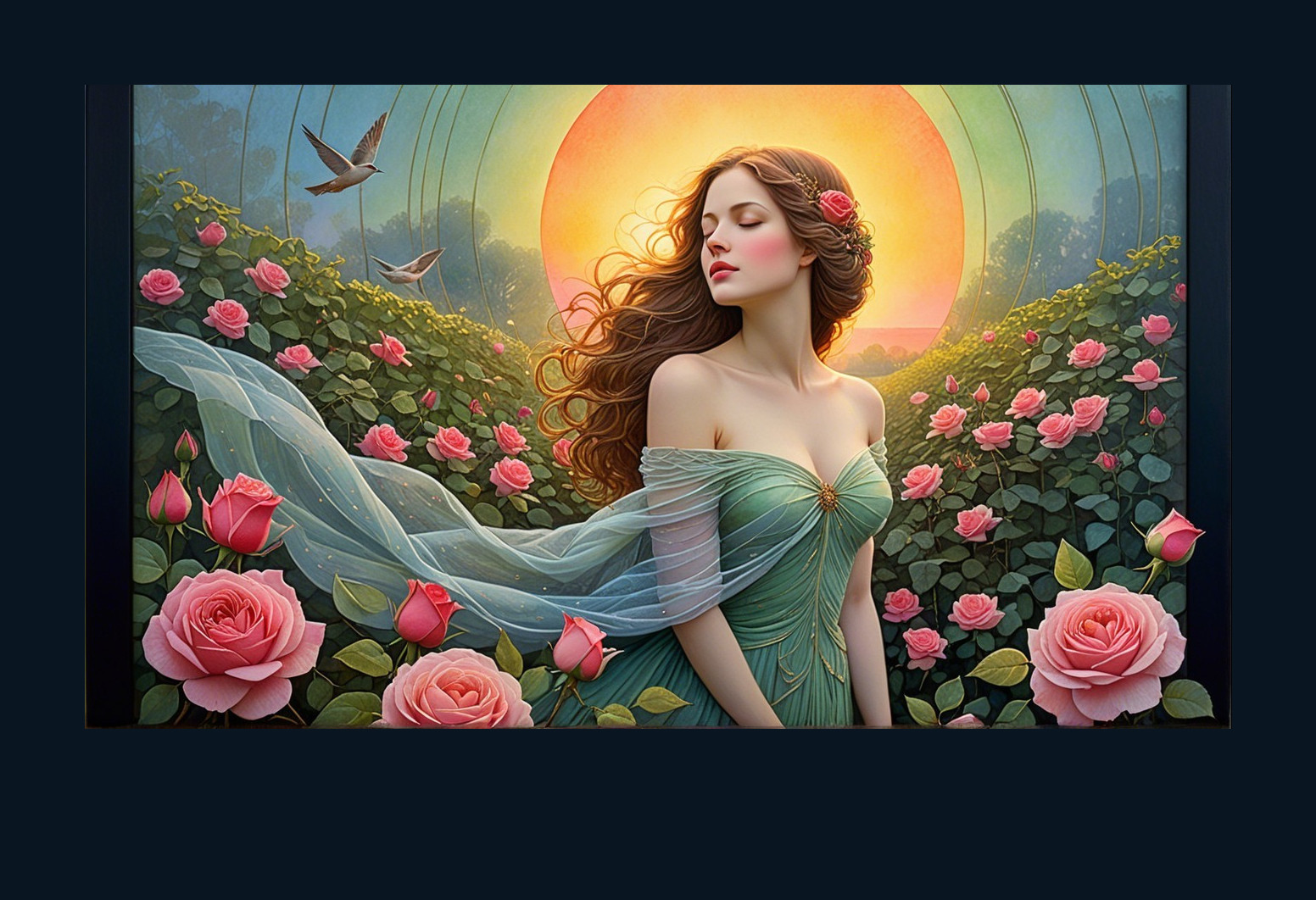 Serene Woman in Floral Landscape with Sunburst Glow