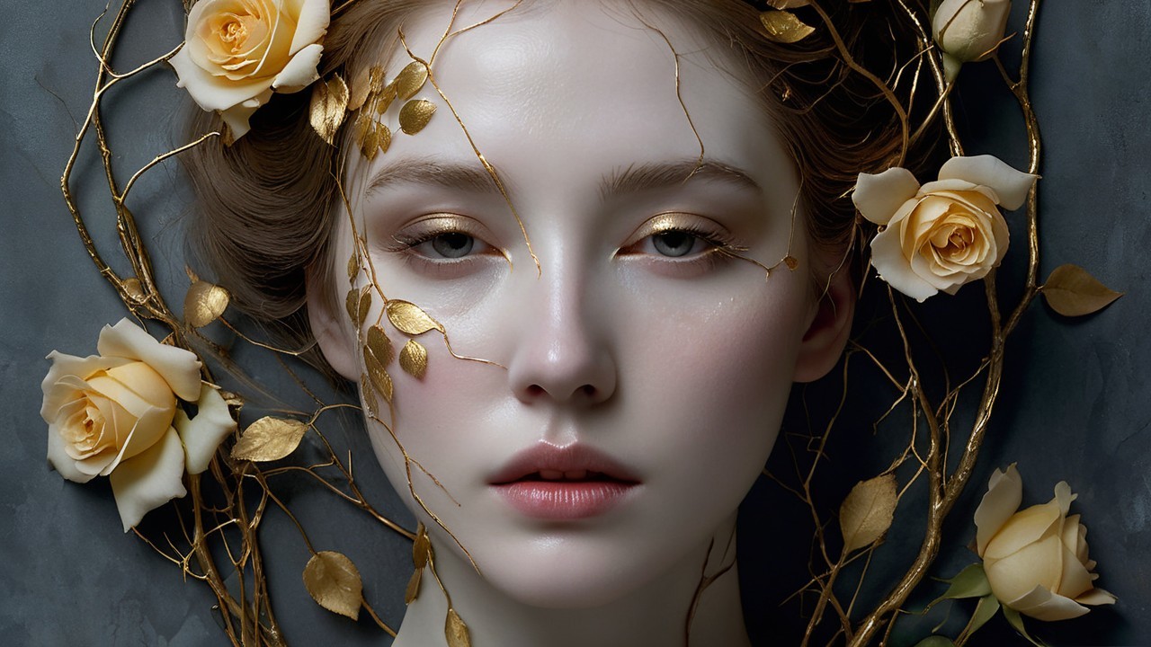 Portrait of a Young Woman with Yellow Roses and Gold