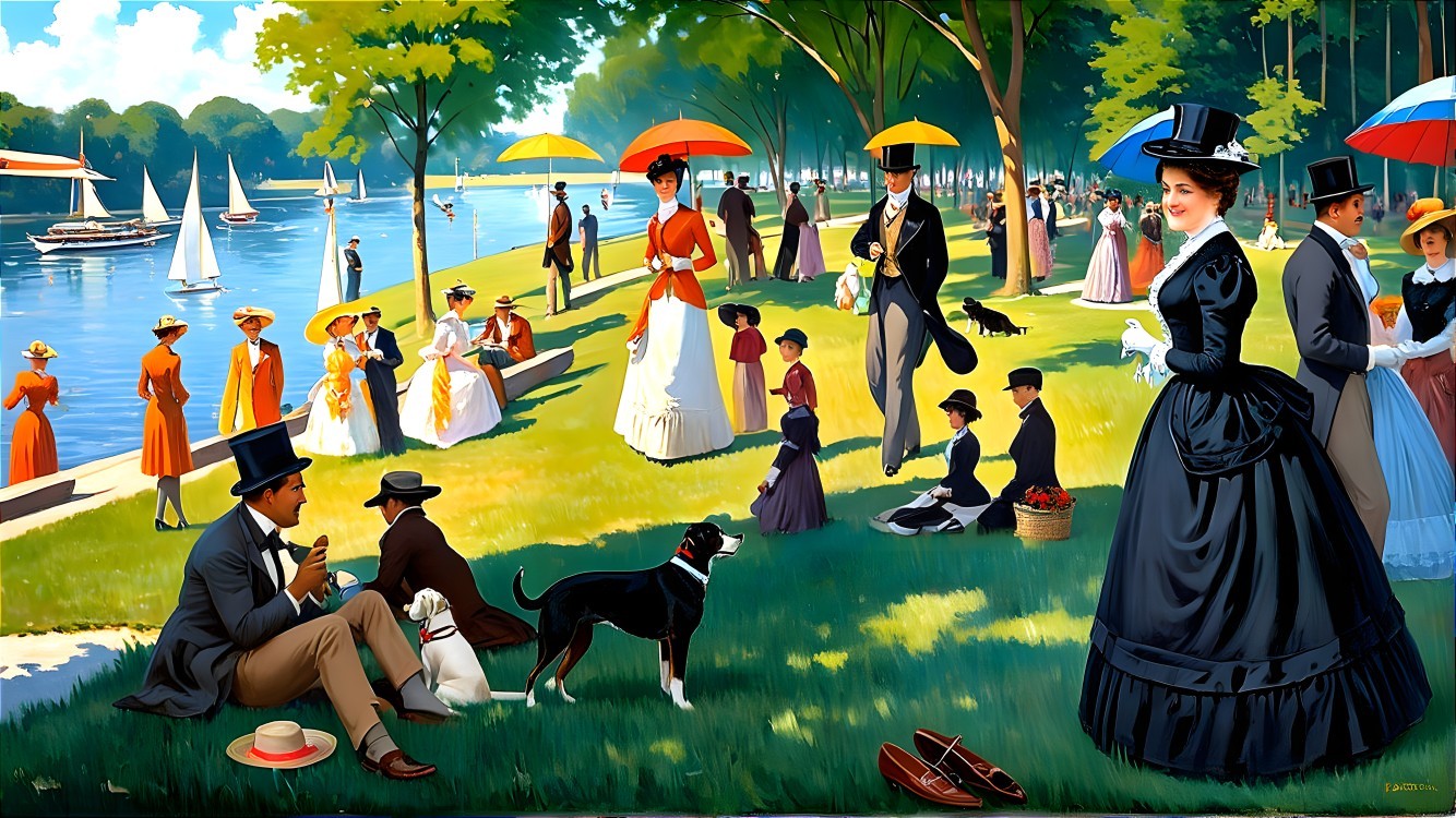 Lively 19th Century River Scene with Elegant Attire