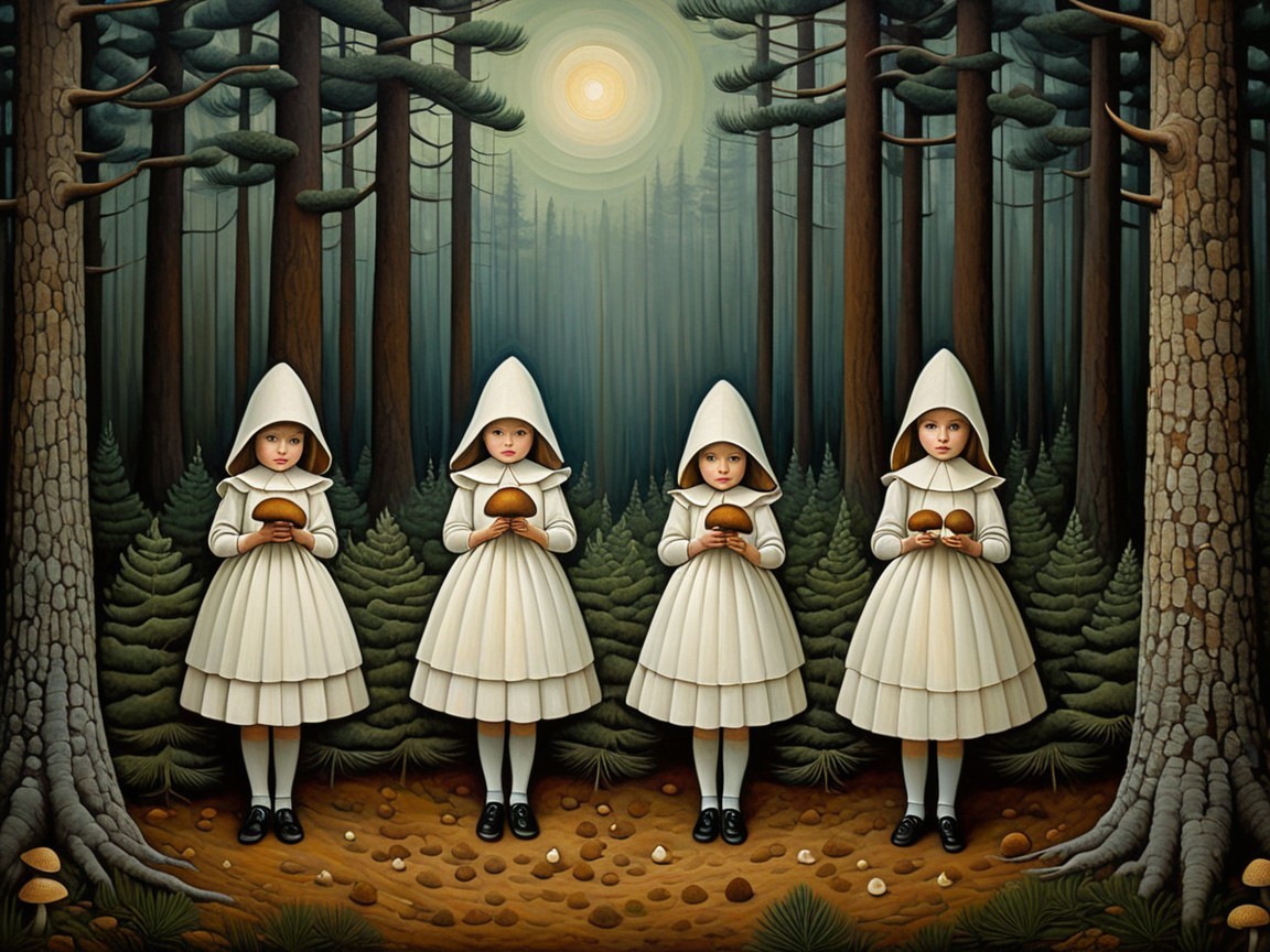 Four Girls in White Dresses Holding Mushrooms in Forest