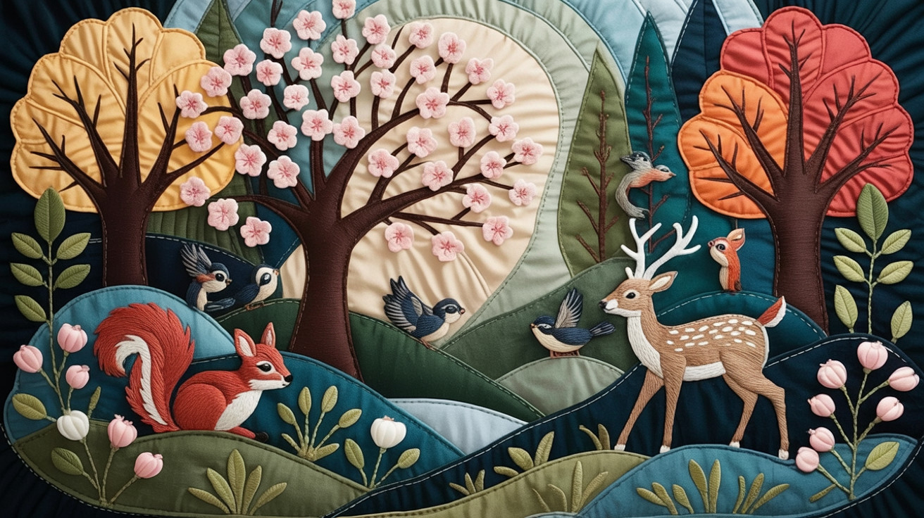 Vibrant Quilted Landscape with Nature Elements