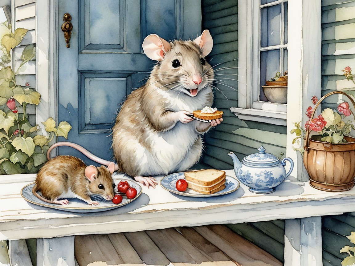Cheerful Mice Enjoying Treats on a Quaint Porch
