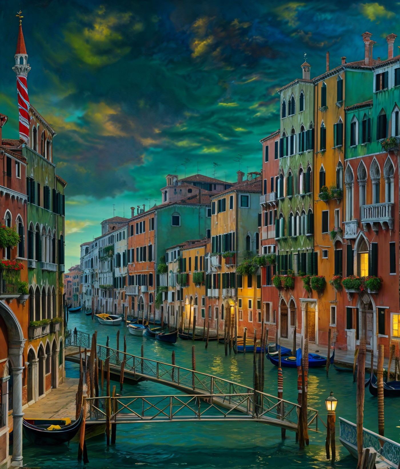 Venetian Canal with Colorful Buildings and Gondolas