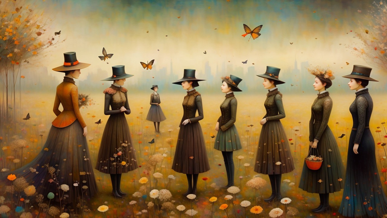 Whimsical Dreamlike Landscape with Elegant Women