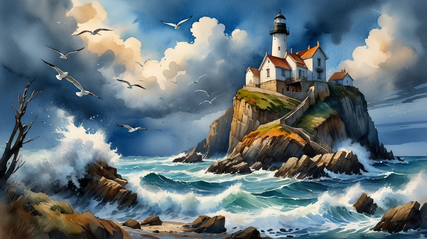Dramatic Oil Painting of Coastal Village and Tempestuous Sea