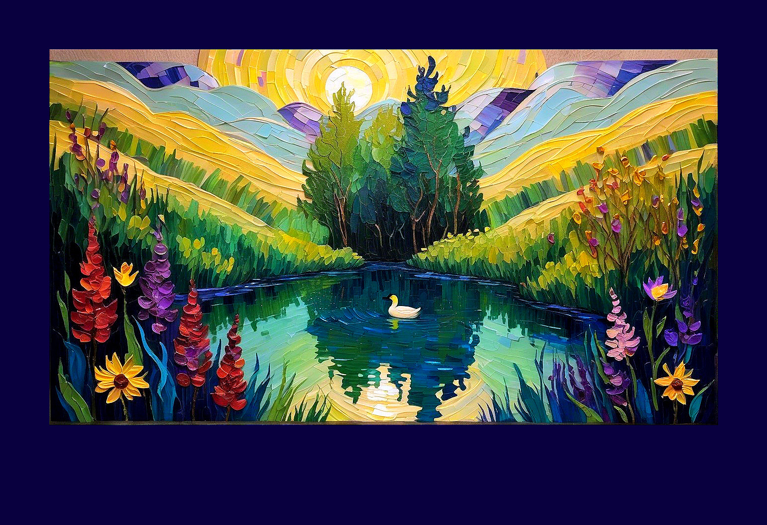 Vibrant Landscape with Pond and Colorful Wildflowers